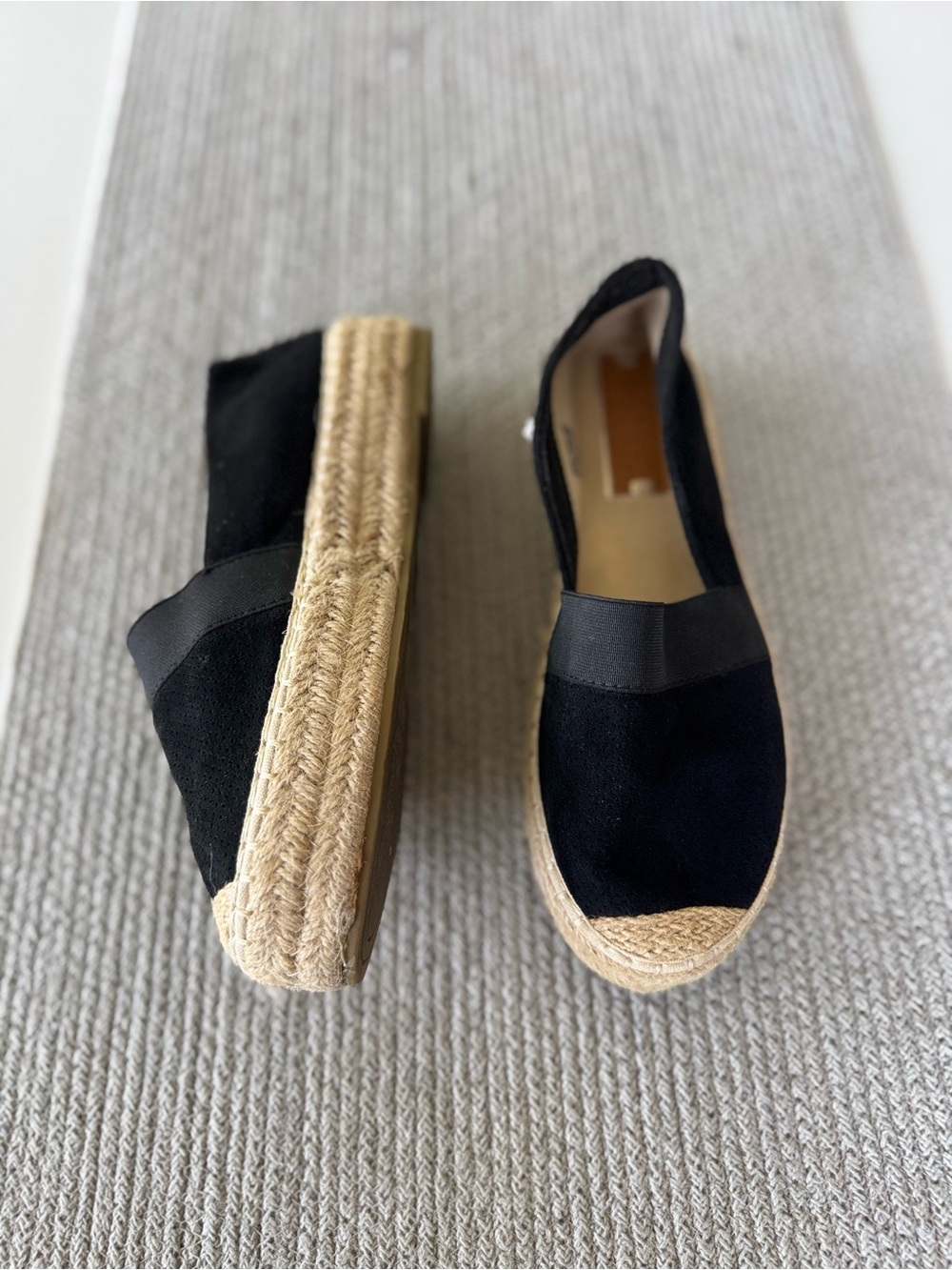 Bella Marie Black Suede Platform Espadrilles Slip-On Flats with Jute Trim Sz 8.5